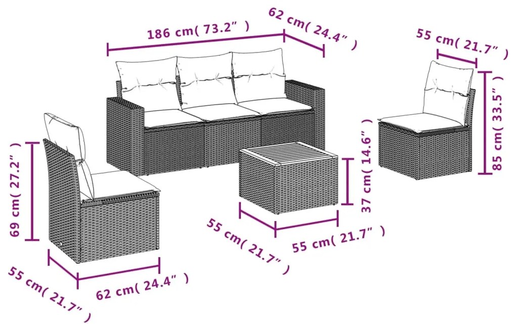 6 pcs conjunto de sofás p/ jardim com almofadões vime PE bege