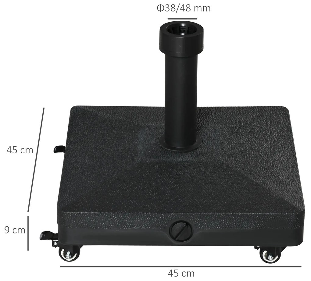 Base para Chapéu de Sol com 4 Rodas Bloqueáveis Recarregável de Areia 18 kg ou Água 16 kg  45x45x39 cm Preto