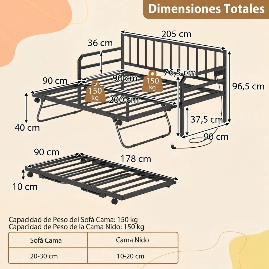Sofá-cama individual com luzes LED205 x 90 x 96,5 cm (COLCHÕES NÃO INCLUIDOS), base metálica e cama extra extraível, estação de carregamento integrada