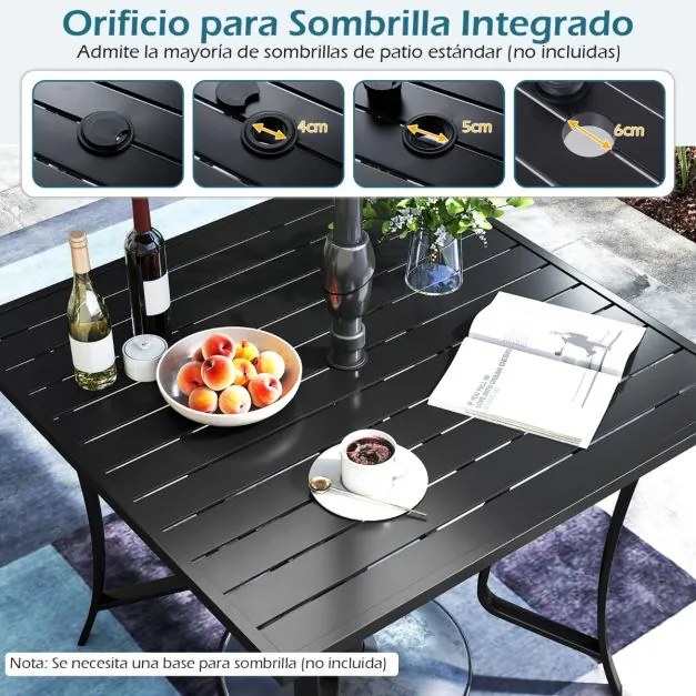 Mesa quadrada de jardim para 4 pessoas com orifício para guarda-sol 91 x 91 x 73 cm, estrutura ajustável em metal, tampo em ripas, ideal para varandas