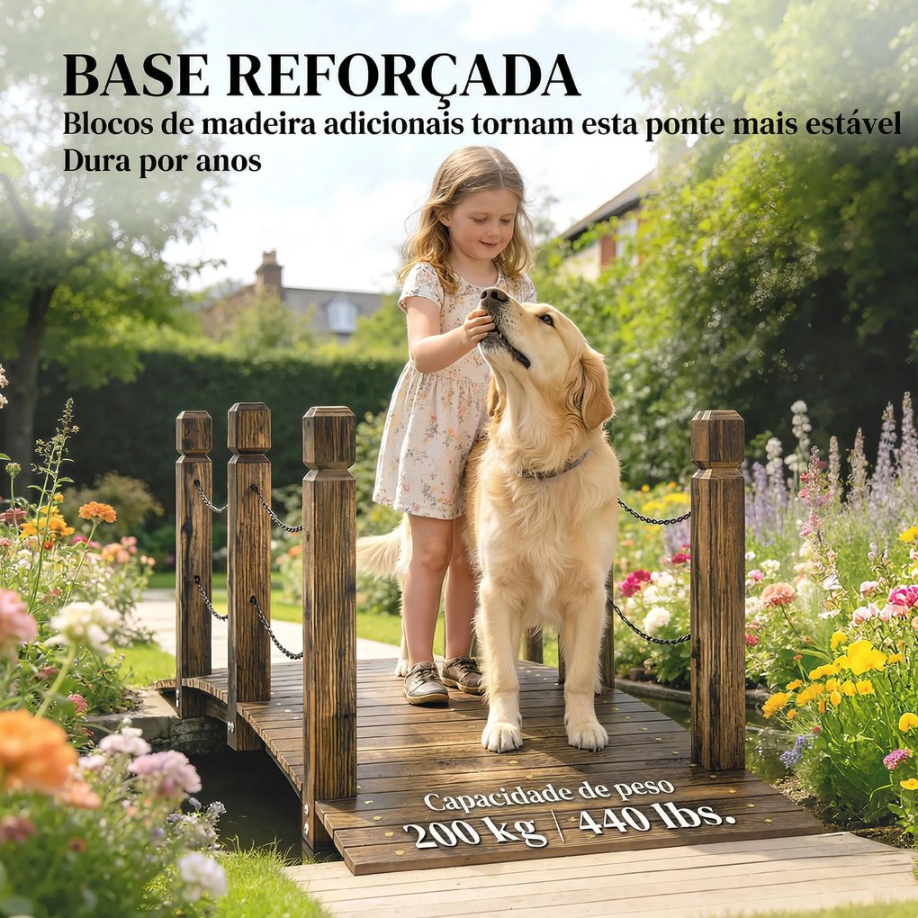 Ponte de Jardim de Madeira 1,51 m Ponte Decorativa para Lagos Rústica com Corrimões de Segurança Carbonizada