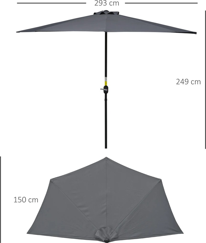 Guarda-sol semicircular para varanda com 5 travessas metálicas e suporte incluído, 2,93 x 1,5 x 2,49 m, poliéster de alta densidade, cinzento