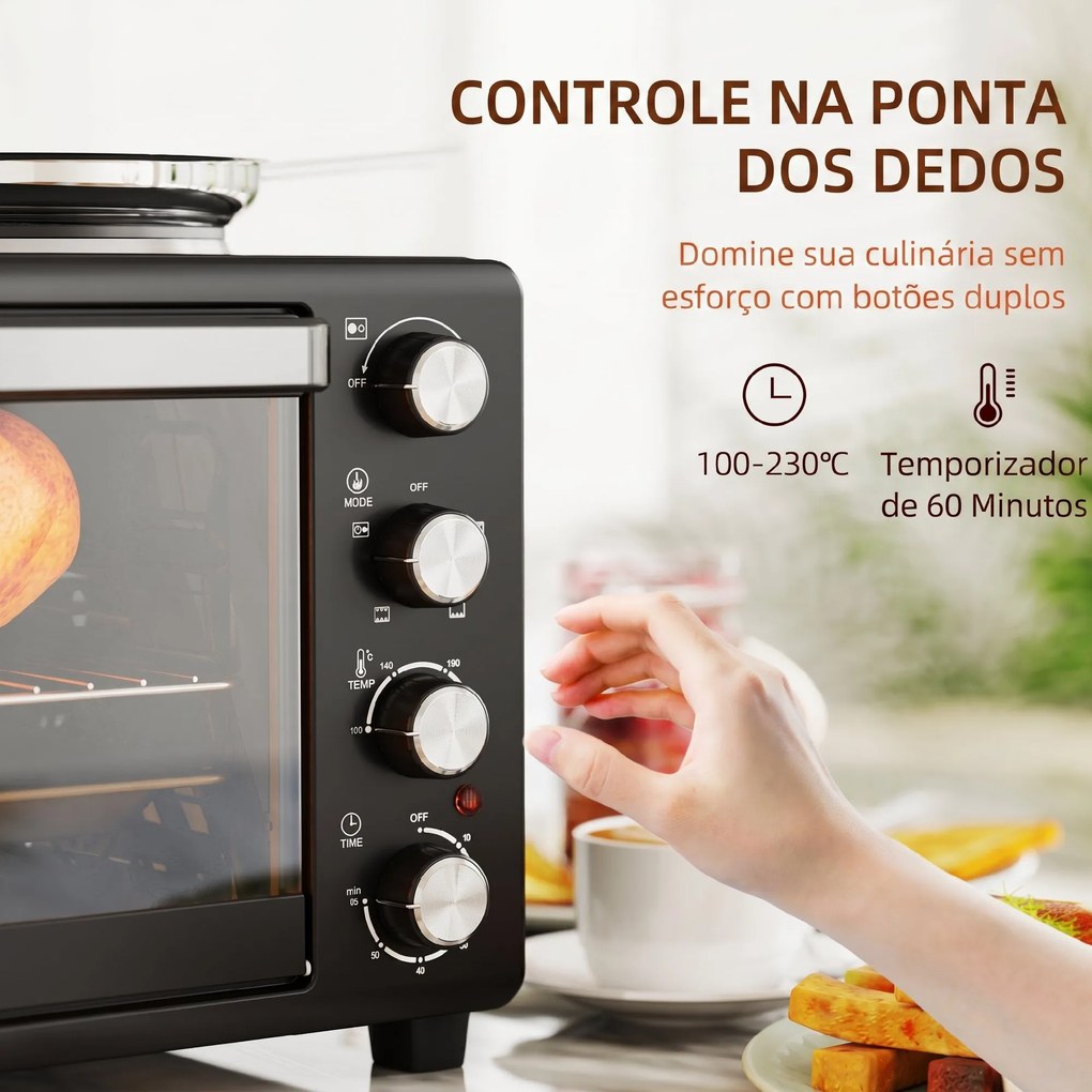 Forno Elétrico de Bancada 28L 2600W com Placas de Cozedura, Temperatura Ajustável, Temporizador e Tabuleiro, Preto
