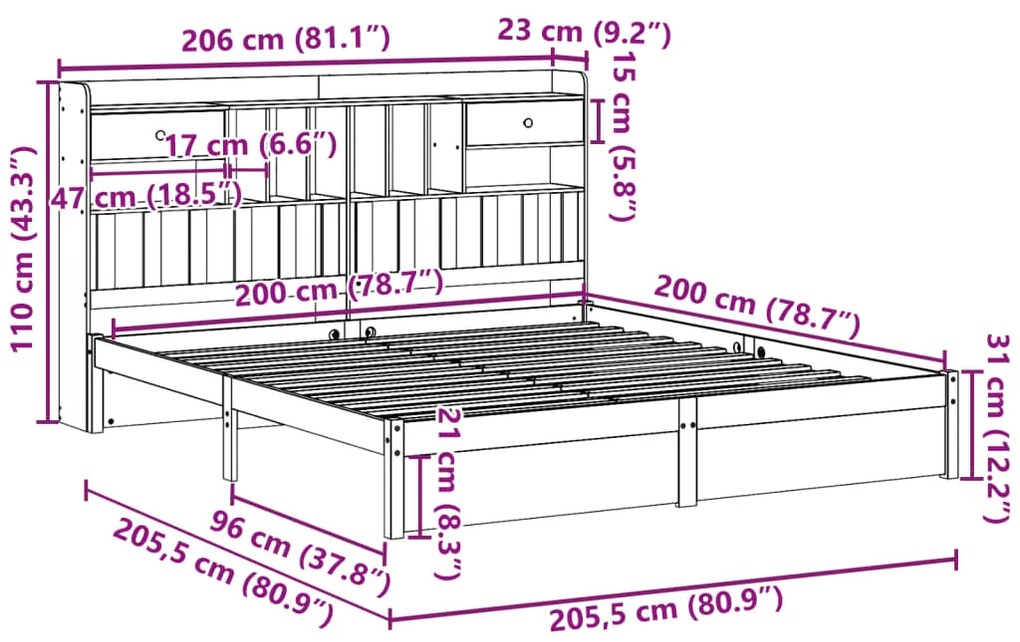 Cama com estante sem colchão 200x200 cm pinho maciço branco