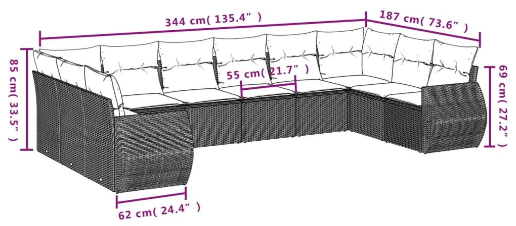 11 pcs conjunto sofás de jardim c/ almofadões vime PE preto