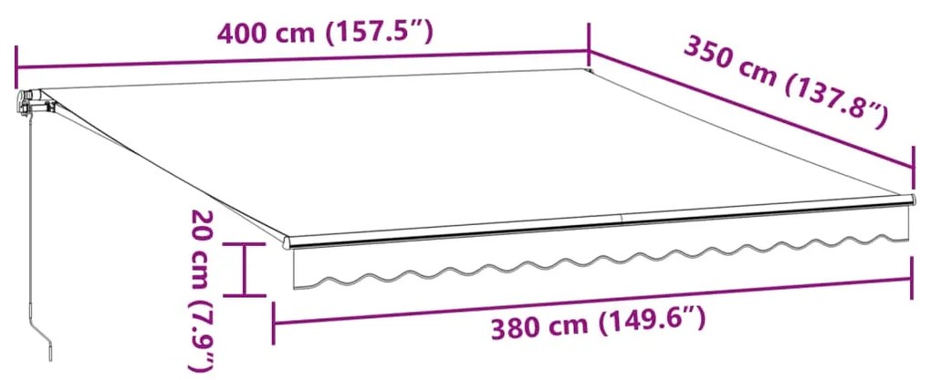 Toldo retrátil manual com luzes LEDs 400x350cm antracite/branco