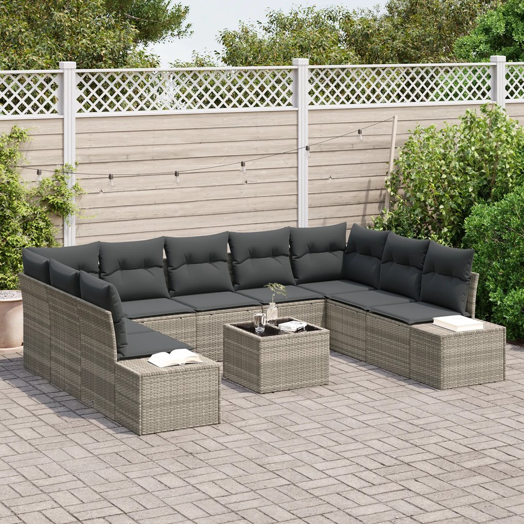 Conjunto de sofá de jardim de 10 peças com almofadas de vime cinza