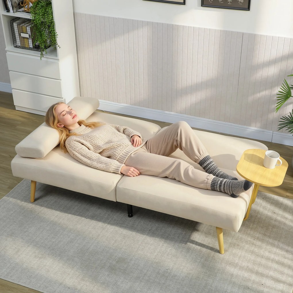 Sofá Cama de 3 Lugares com Mesa Auxiliar 3 em 1 com Encosto Ajustável Abertura Click-Clack 196x86x81 cm Bege