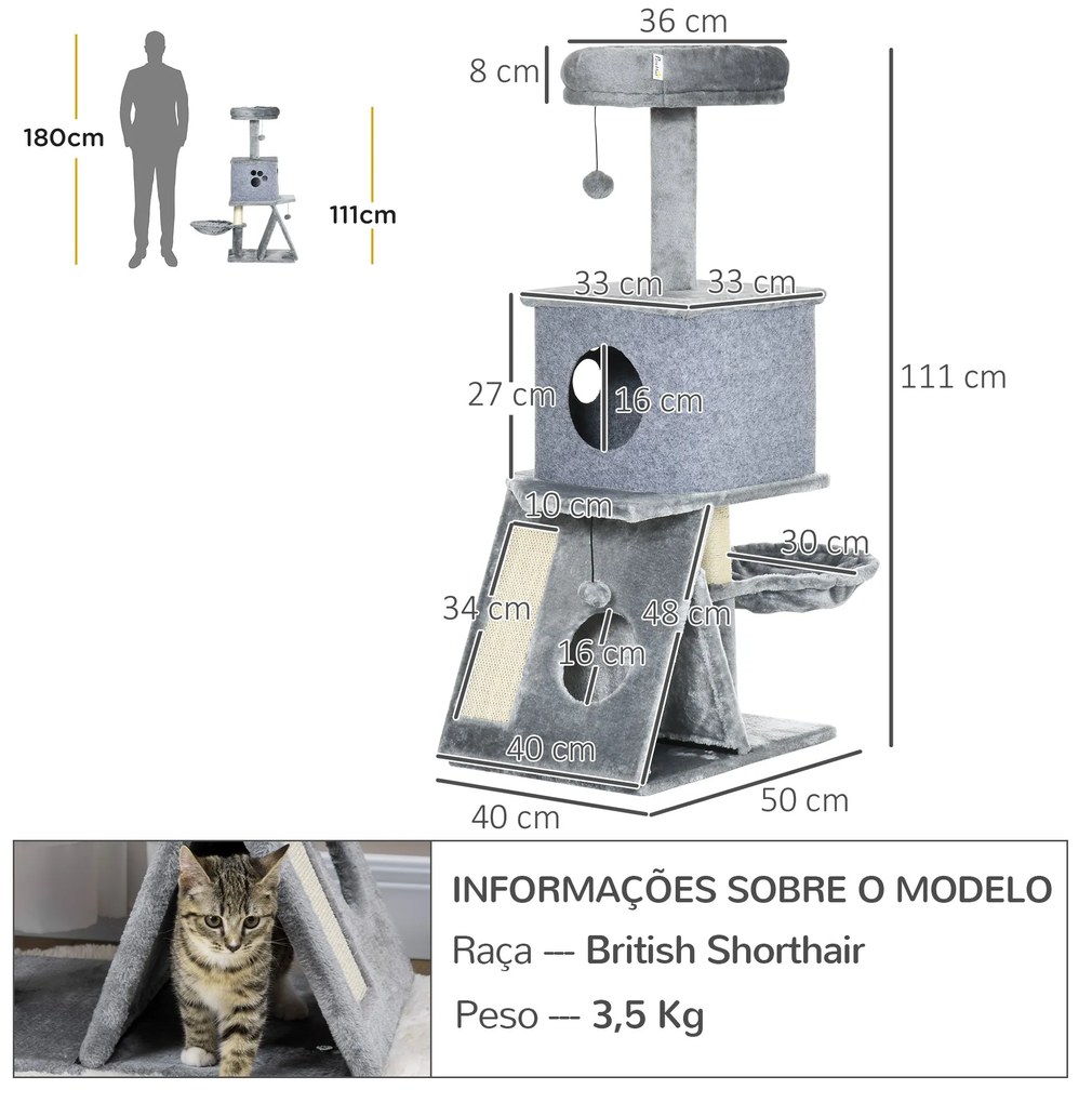 PawHut Árvore Arranhador para Gatos Altura 111cm Torre para Gatos com