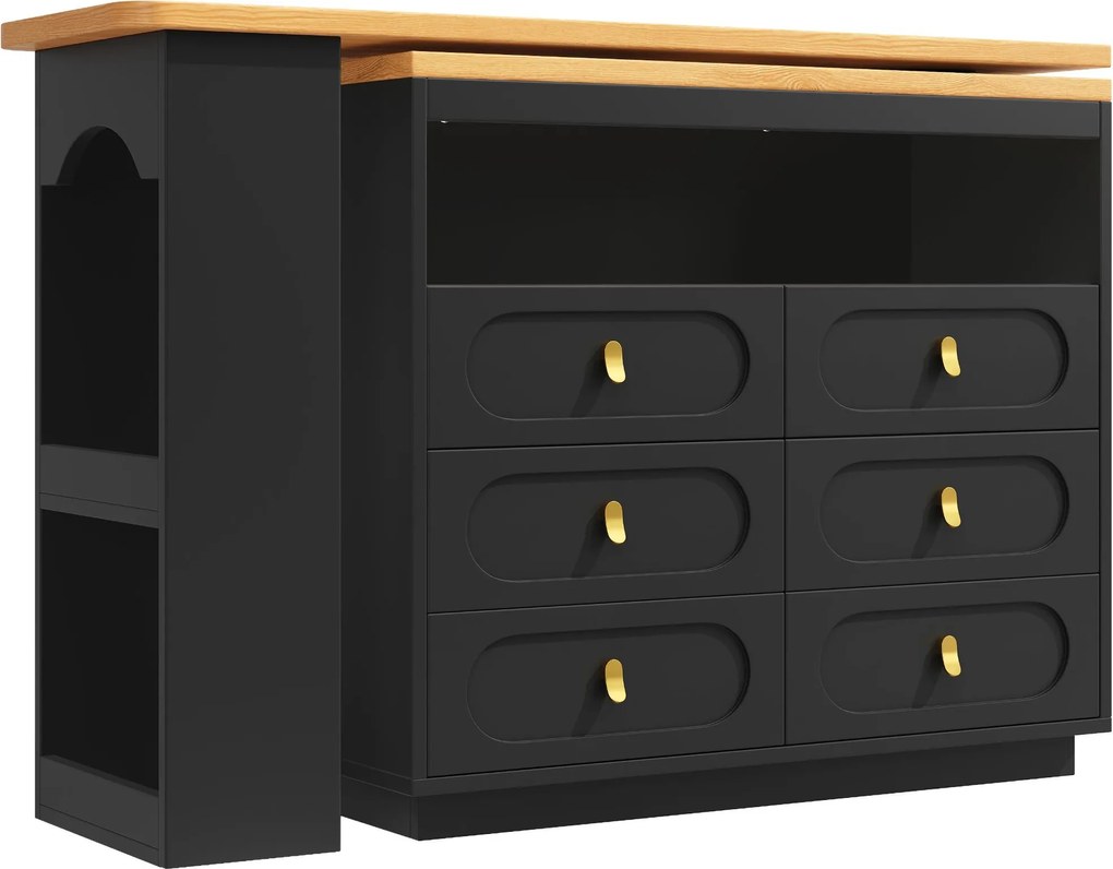 Mesa de bar extensível com 360°-função giratória, 6 gavetas e prateleira lateral para petiscos, 137-203x39x90 cm, Preto