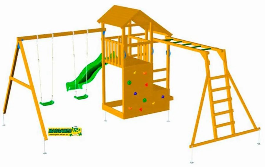 Parque Exterior infantil de madeira com escorrega TEIDE com baloiço duplo e escada de macaco