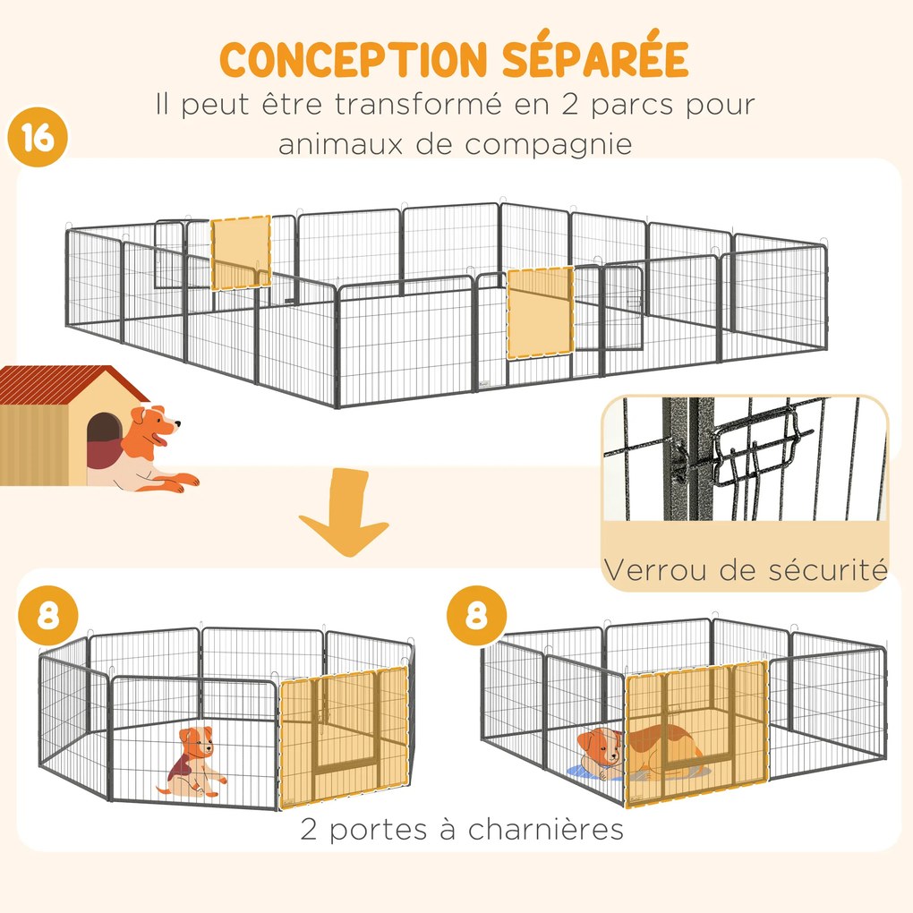 Parque para cães, recinto para cães com 16 painéis modulares e dobráveis, portátil, em aço, com portas de 80 x 60, cinzento