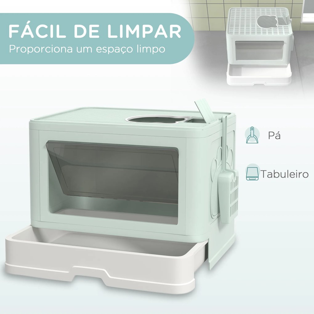 Caixa de Areia para Gatos Amovível com Pá Escova 2 Portas Entrada Principal e Saída Superior 48,5x38x36,5 cm Verde Claro