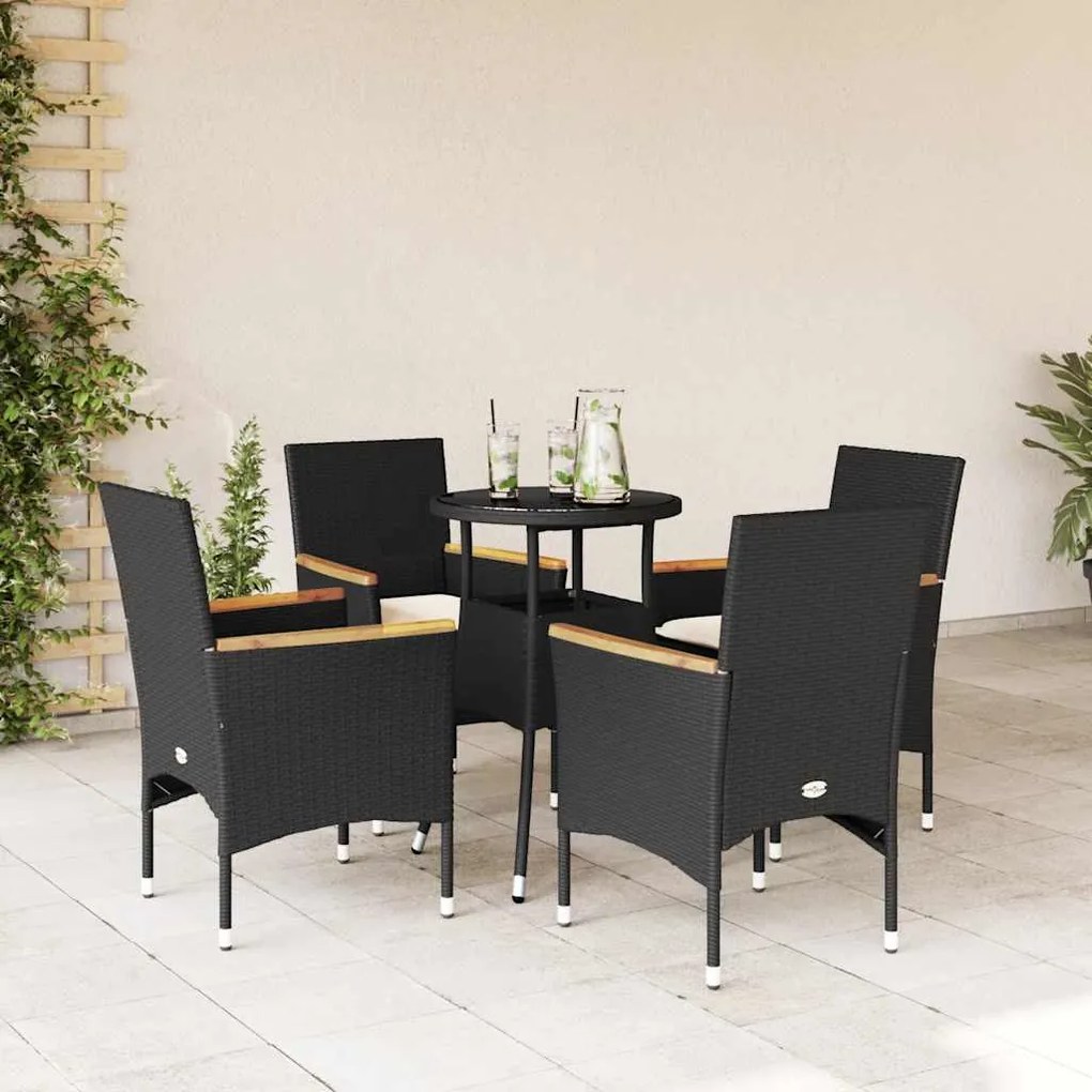 vidaXL 5 pcs conjunto jantar jardim c/ almofadões vime PE/vidro preto