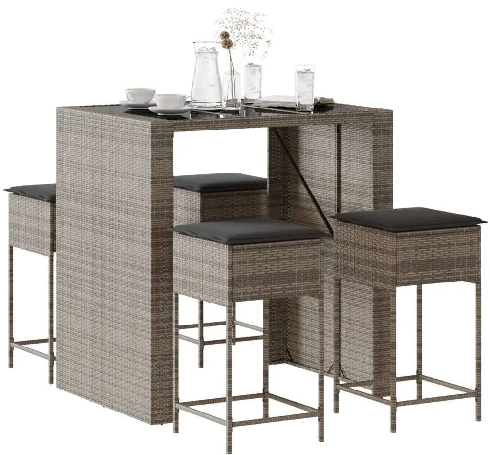 vidaXL 5 pcs conjunto de bar p/ jardim c/ almofadões vime PE cinzento