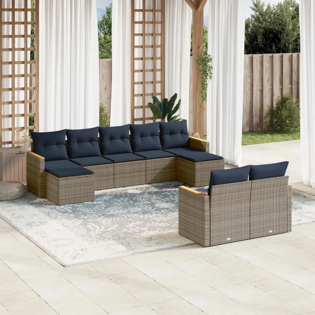 vidaXL 9 pcs conjunto sofás p/ jardim c/ almofadões vime PE cinzento