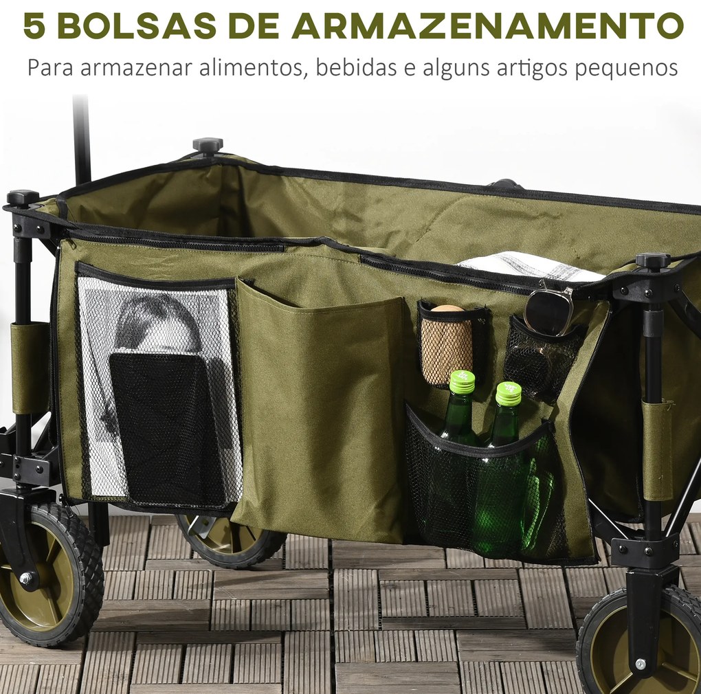 Outsunny Carrinho Dobrável de com Rodas Carrinho para Praia com Guiador Telescópico Bancada Dobrável 5 Bolsas de Armazenamento Estrutura de Aço e Tecido de Oxford 108x55x93cm Verde Escuro