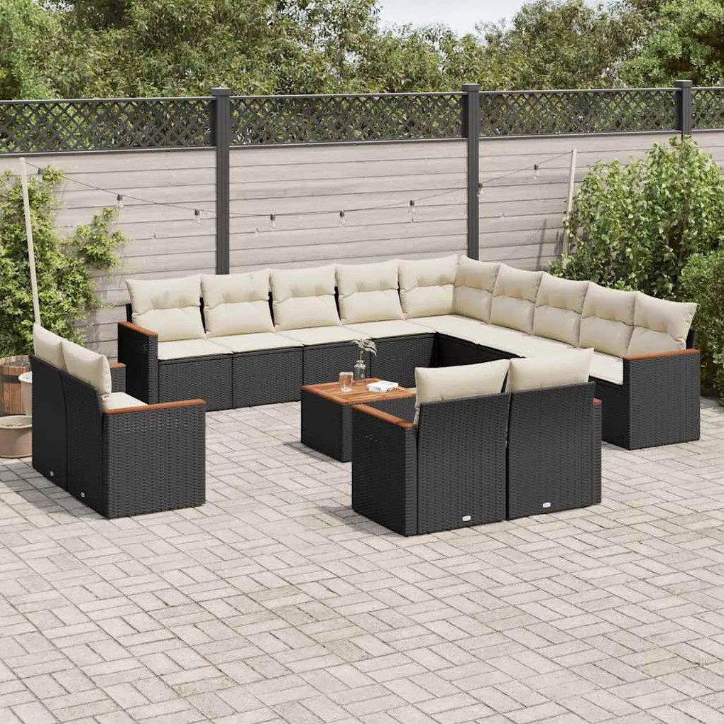 14 pcs conjunto de sofás p/ jardim c/ almofadões vime PE preto