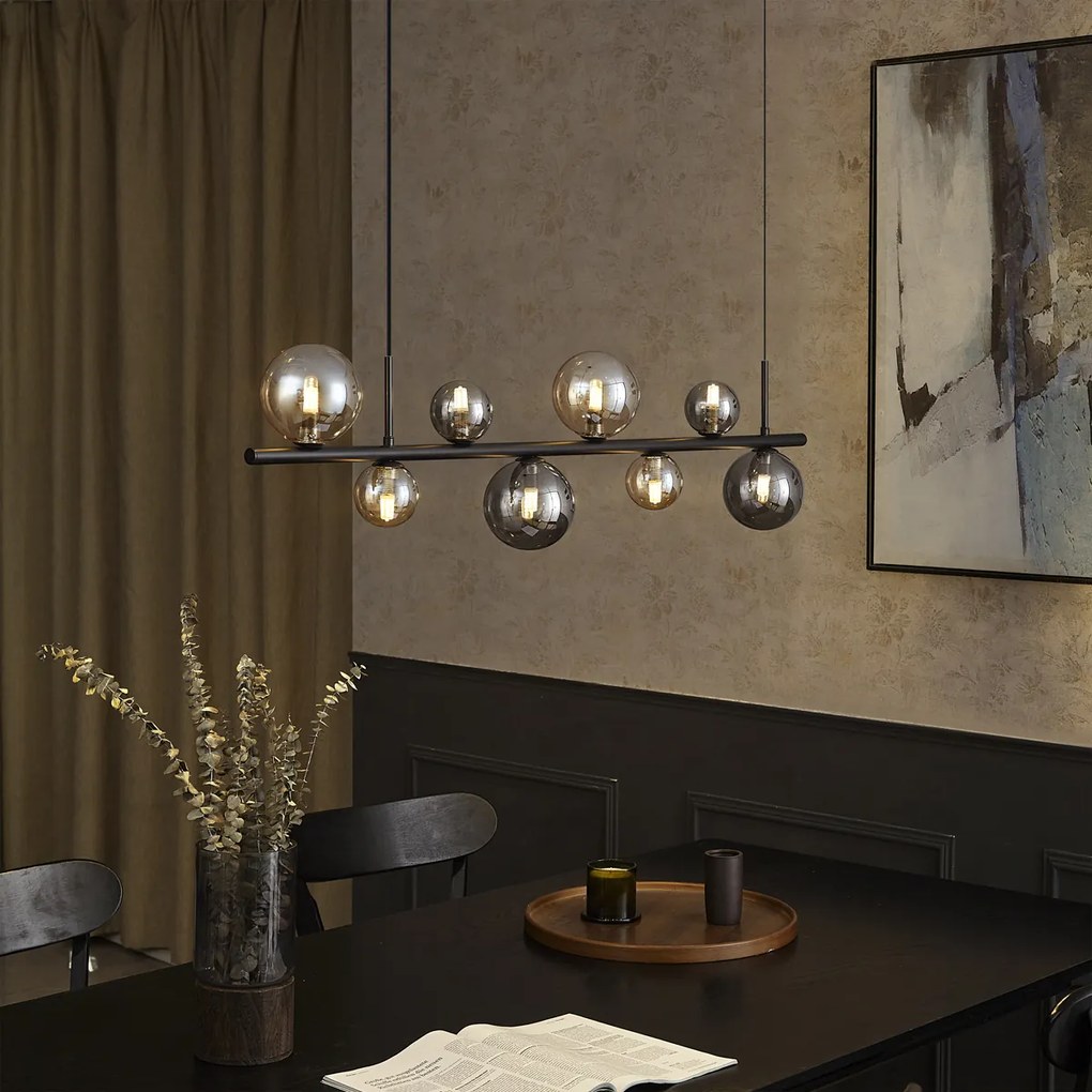 Candeeiro suspenso preto com vidro fumê e âmbar retangular 8-luzes - Monaco