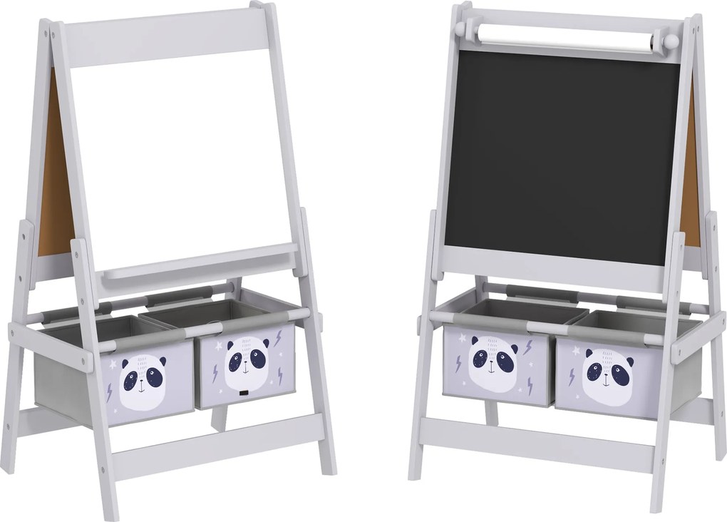 AIYAPLAY Cavalete Infantil 3 em 1 com Quadro Duplo Rolo de Papel e 2 Cestos 54x46,5x93 cm Cinza | Aosom Portugal