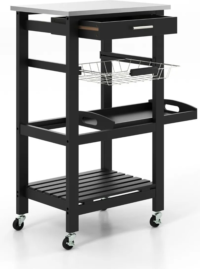 Carrinho de cozinha 47 x 39 x 85 cm de 4 níveis com bancada de metal Gaveta removível Cesto Bandeja móvel Preto