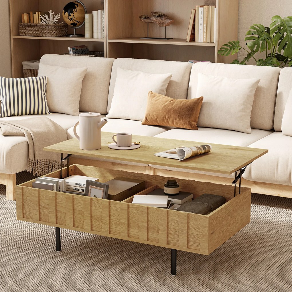 Mesa de Centro Elevatória com 2 Compartimentos Ocultos e Pés Metálicos 110x55x36,5 cm cor Carvalho