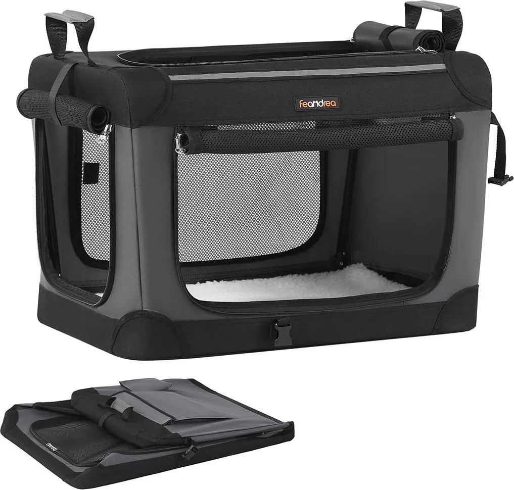 Transportadora dobrável para animais estimação 60 x 42 x 42 cm com 4 portas em tecido de rede Preto