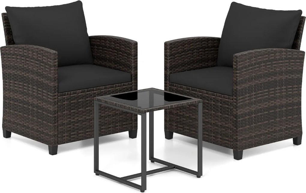 Conjunto de 3 móveis de rattan para jardim, com 2 cadeiras, mesa de vidro e almofadas pretas com capas removíveis, para jardim, terraço ou piscina Cas