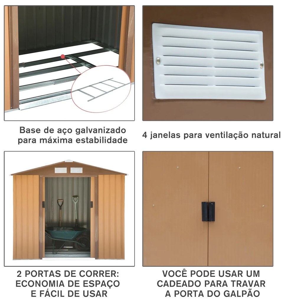 Abrigo de jardim de aço com porta deslizante e ventilação para armazenamento de ferramentas 213x127x185 cm marrom