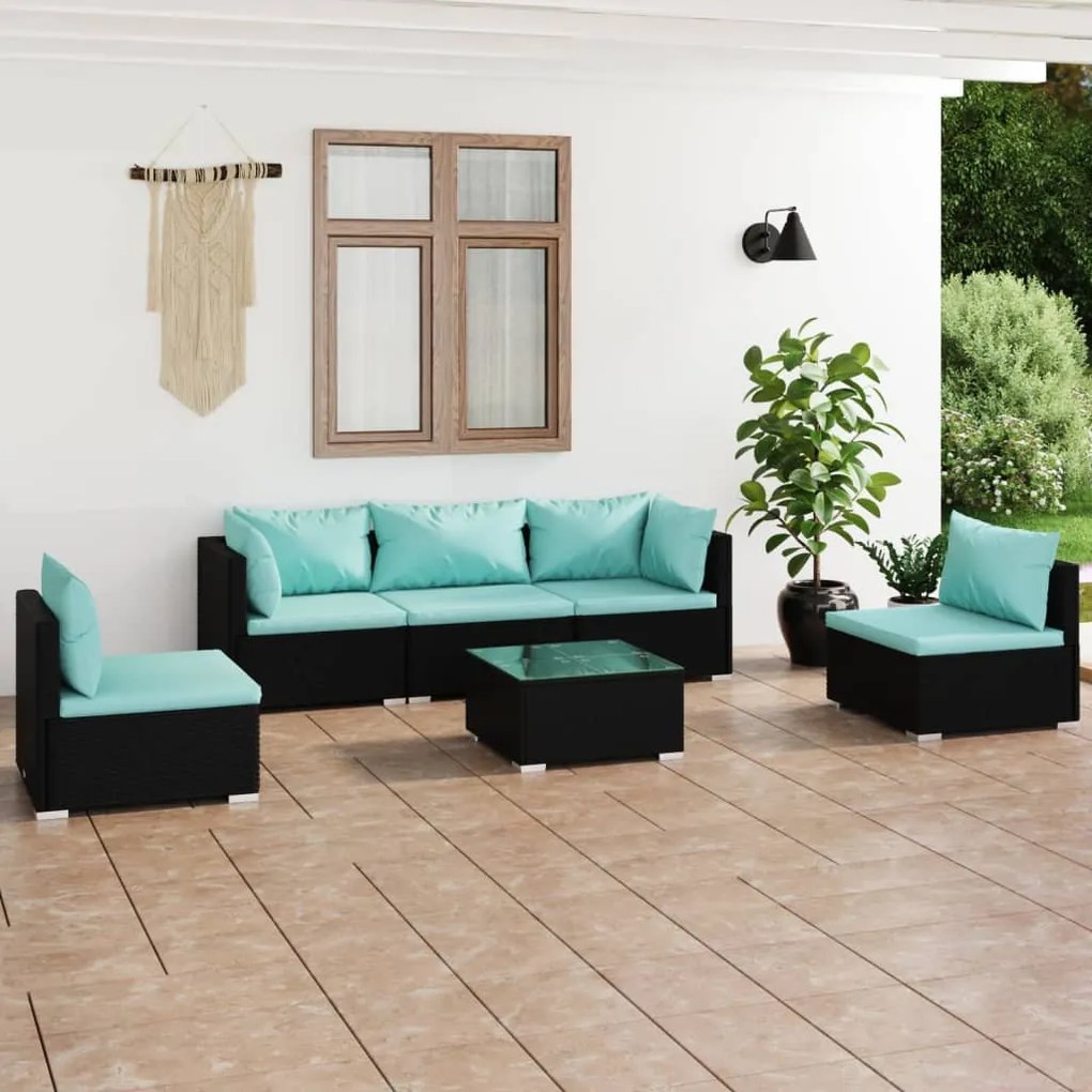 vidaXL 6 pcs conjunto lounge de jardim c/ almofadões vime PE preto