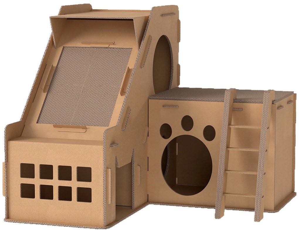 Arranhador para Gatos em Forma de Castelo 2 em 1 com 2 Áreas para Arranhar Catnip Rampa e Escada  67x66x57 cm Castanho
