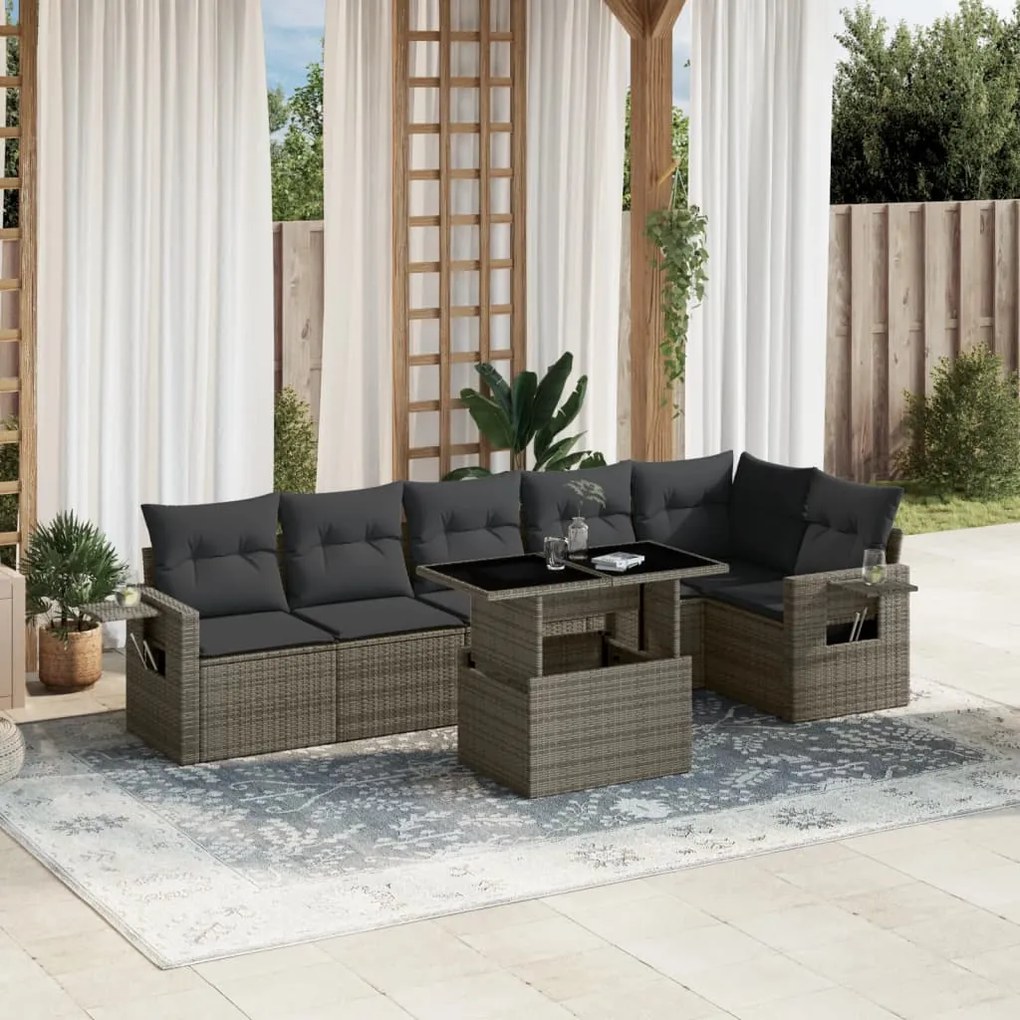 7 pcs conjunto sofás p/ jardim c/ almofadões vime PE cinzento