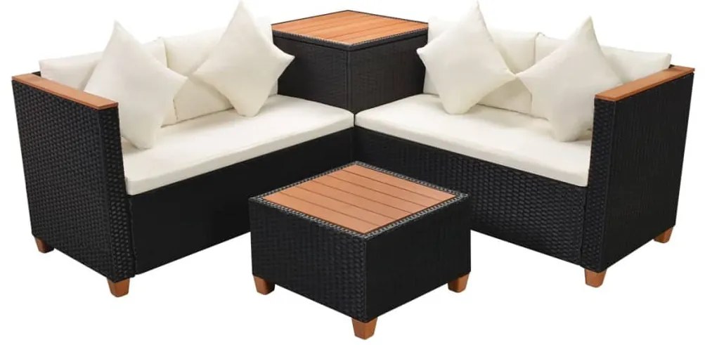 4 pcs conjunto lounge de jardim c/ almofadões vime PE preto