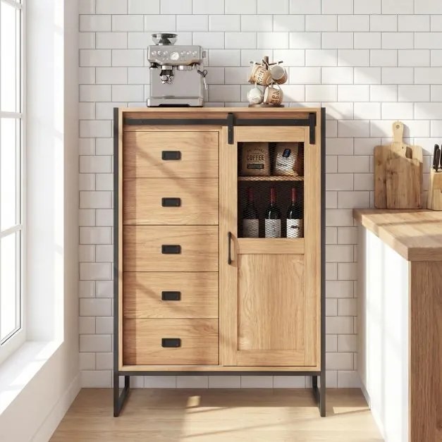 Armário de arrumação, estilo rústico 84 x 40 x 120 cm, com porta de correr, 5 gavetas e prateleiras ajustáveis ideal para casa de banho, sala de estar