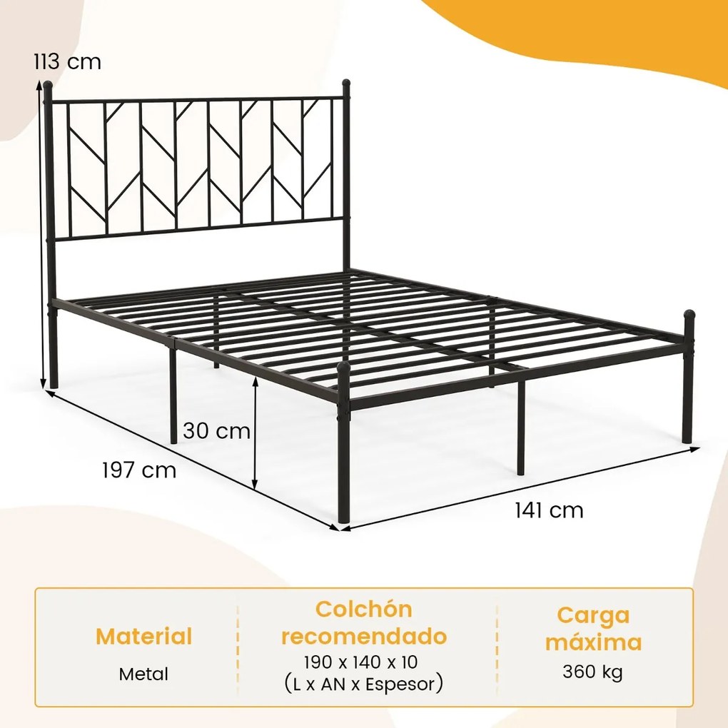 Estrutura de cama de plataforma metálica com cabeceira e base de colchão silenciosa 197 x 141 x 113 cm Preto