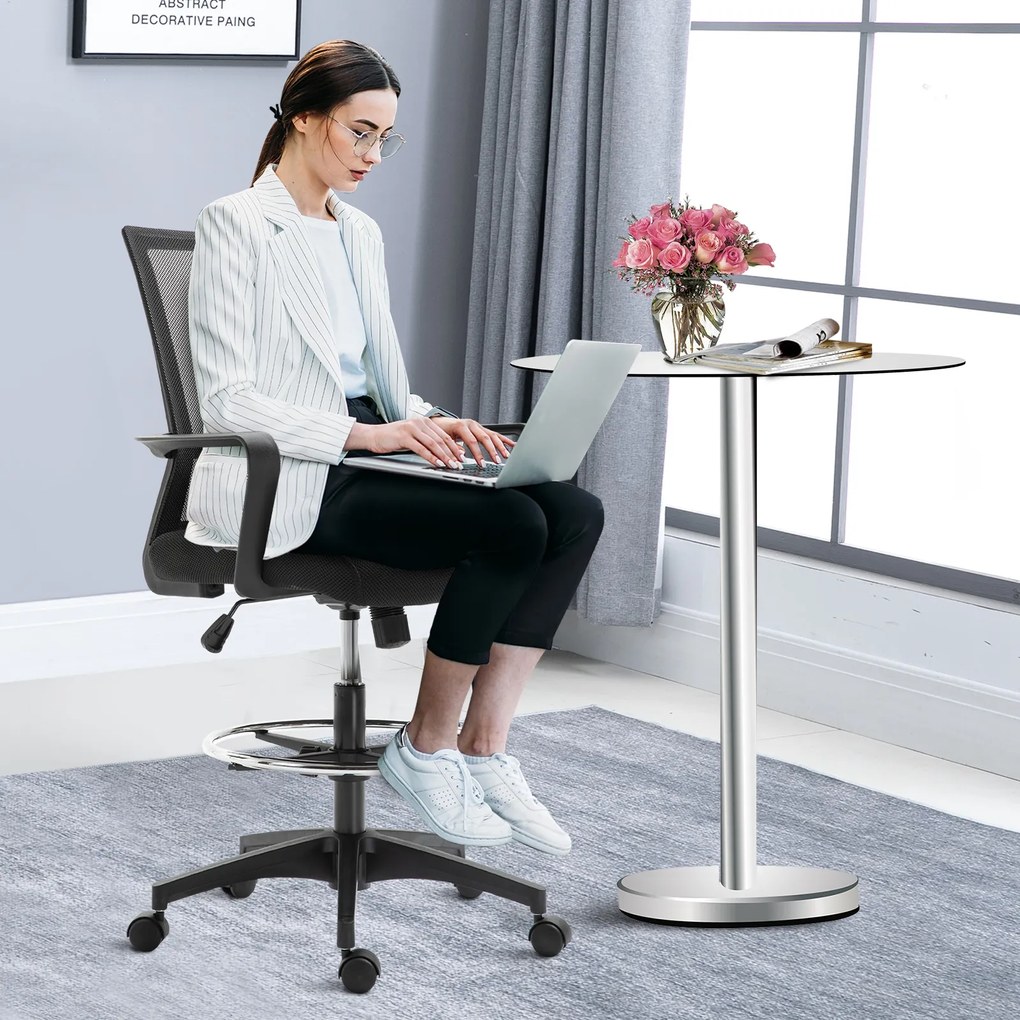 Cadeira de escritório com assento alto ajustável, 64 x 59 x 104-124 cm, banco giratório de escritório com rotação de 360°, malha respirável preta