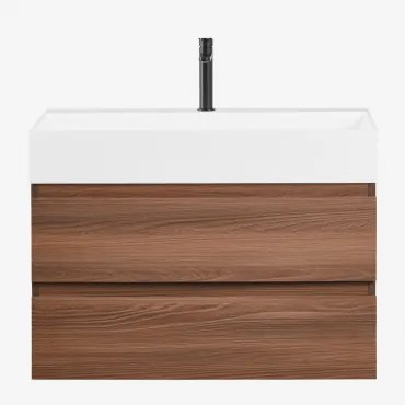 Conjunto De Móvel De Casa De Banho Suspenso Em Madeira E Folha De Freixo Com Lavatório Integrado Ona Madeira Escura & Sem Espelho & Preto - Sklum