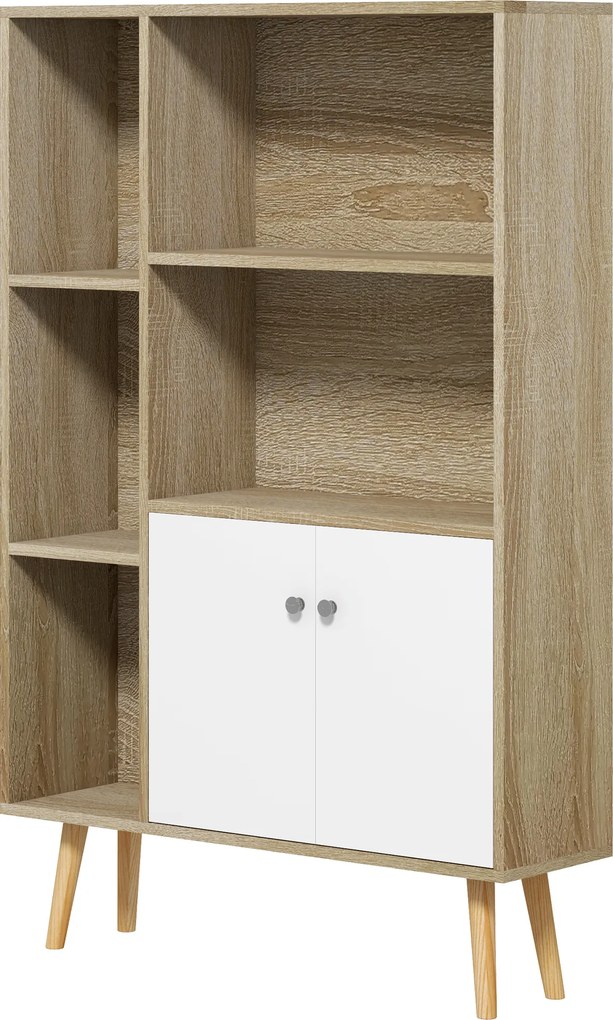 Estante escandinava, 80 x 23,5 x 123 cm, 5 compartimentos abertos, armário com 2 portas, pés afilados e inclinados cor de carvalho