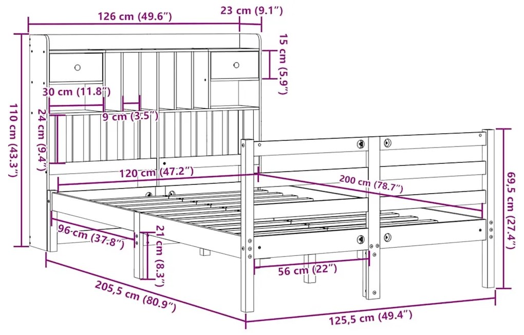 Cama c/ estante sem colchão 120x200cm pinho maciço castanho-mel