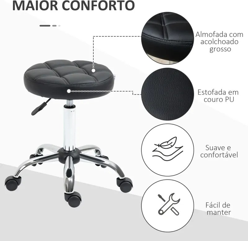 Banco Giratório com Rodas Altura Ajustável entre 48-63cm Banco de Trabalho Estofado em Couro PU para Salão Dentista Diâmetro Ø35,5cm Preto