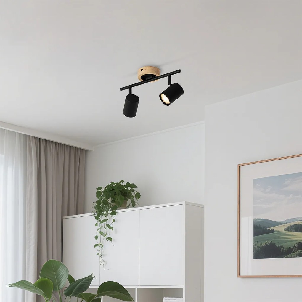 Foco moderno preto com madeira inclinável 2 luzes - Jeana
