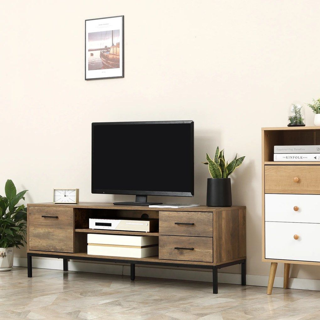 Móvel para televisão, para ecrãs até 50 polegadas, com armário, 2 gavetas e prateleira 132 x 39 x 45,5 cm, castanho-escuro