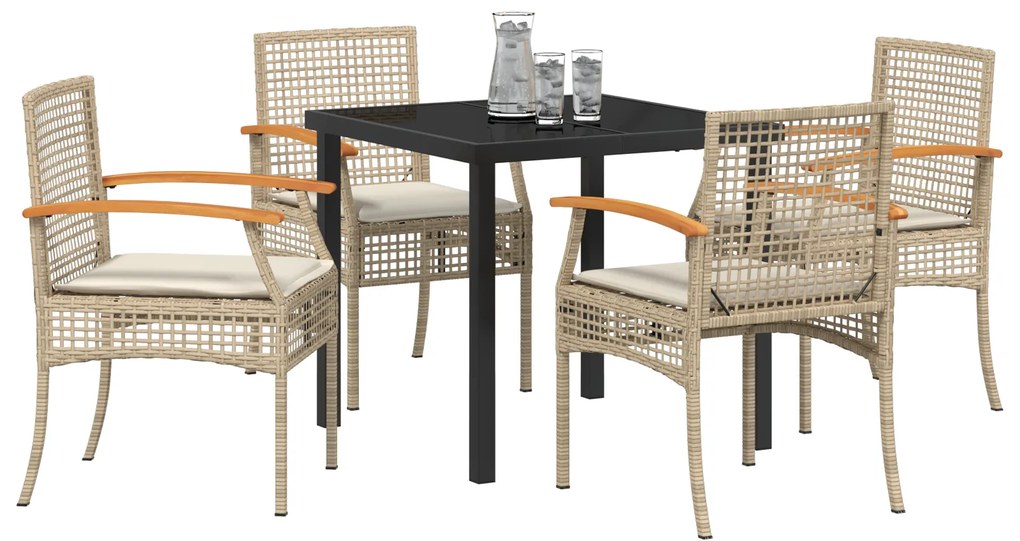Conjunto de Jantar de Jardim de 5 Peças com Almofadas Bege Rattan Poli