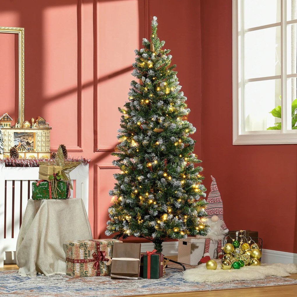 Árvore de Natal artificial iluminada com 703 ramos, 250 LED, 30 pinhas, base dobrável, altura 180 cm, Ø 80 cm, verde