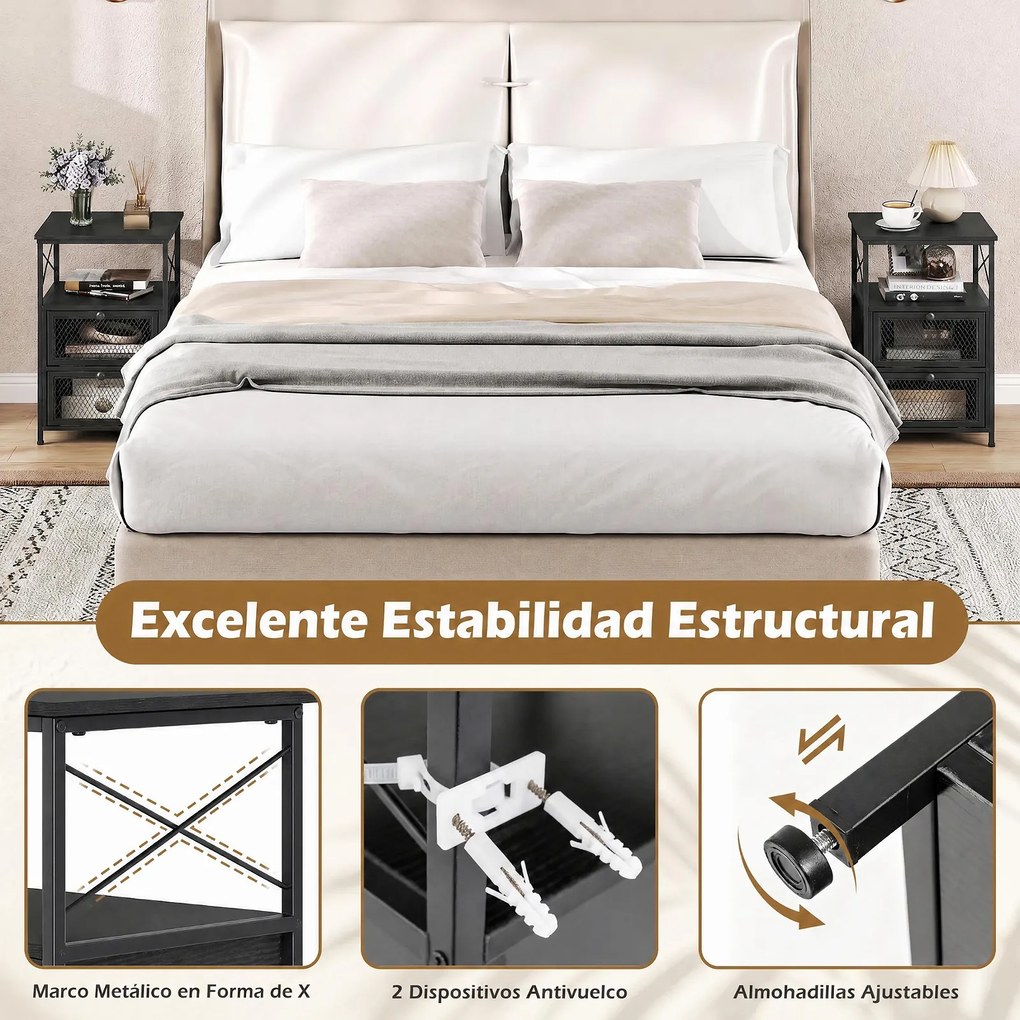 Conjunto de 2 Mesas de Cabeceira com Portas, 40 x 35 x 61 cm, Estrutura Metálica Robusta, Preto