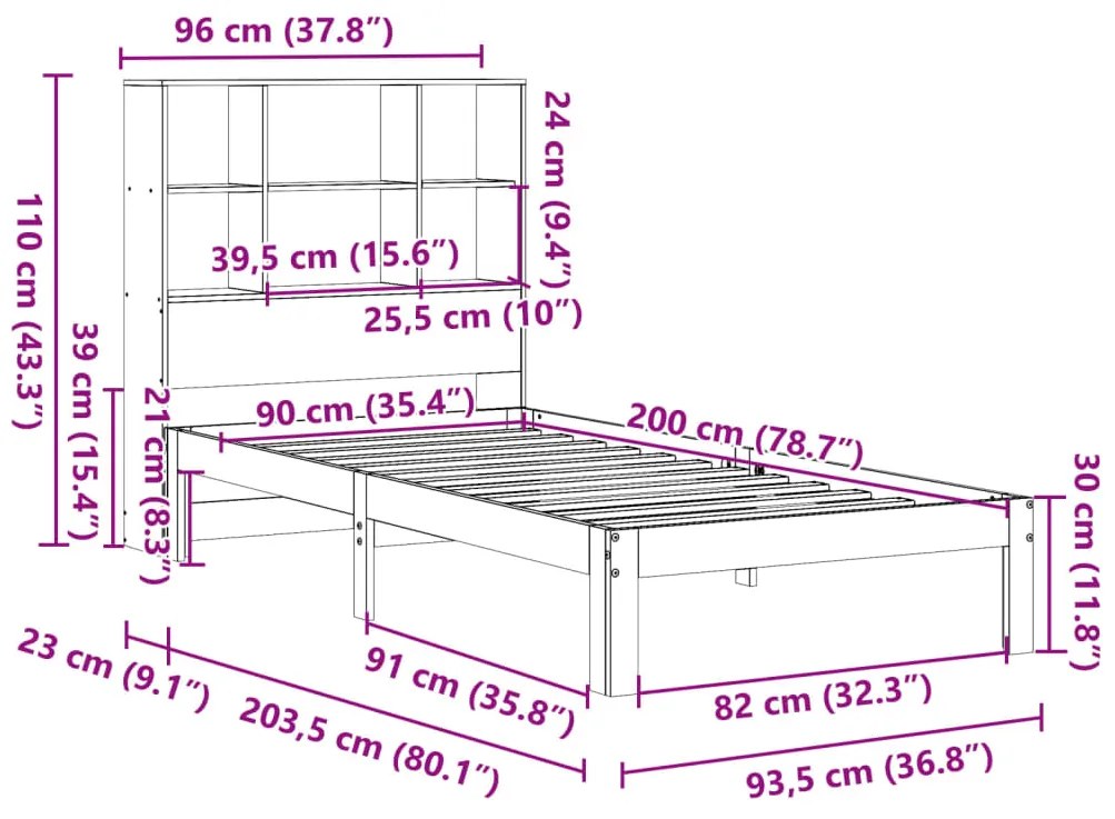 Cama com estante sem colchão 90x200 cm pinho maciço