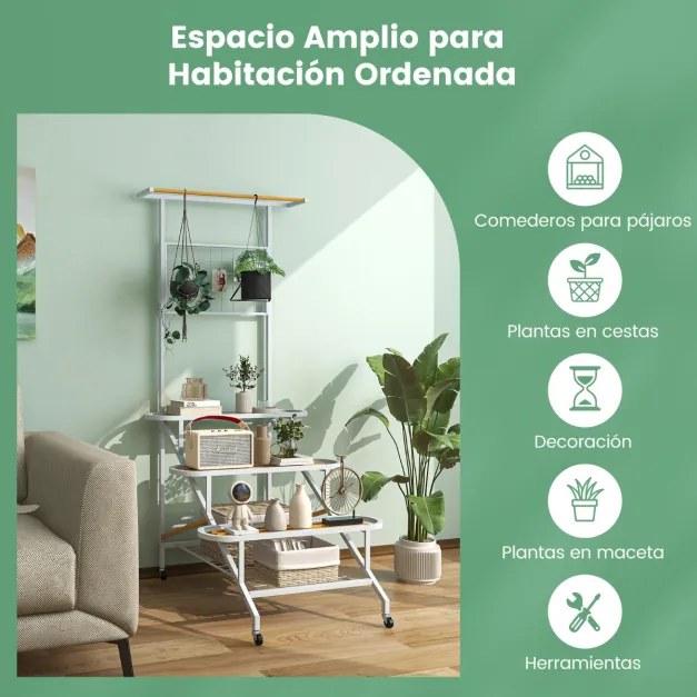 Estante para plantas de 4 níveis com estrutura metálica com rodas, escada e barra 80 x 85 x 175 cm para sala de estar, varanda e pátio Branco