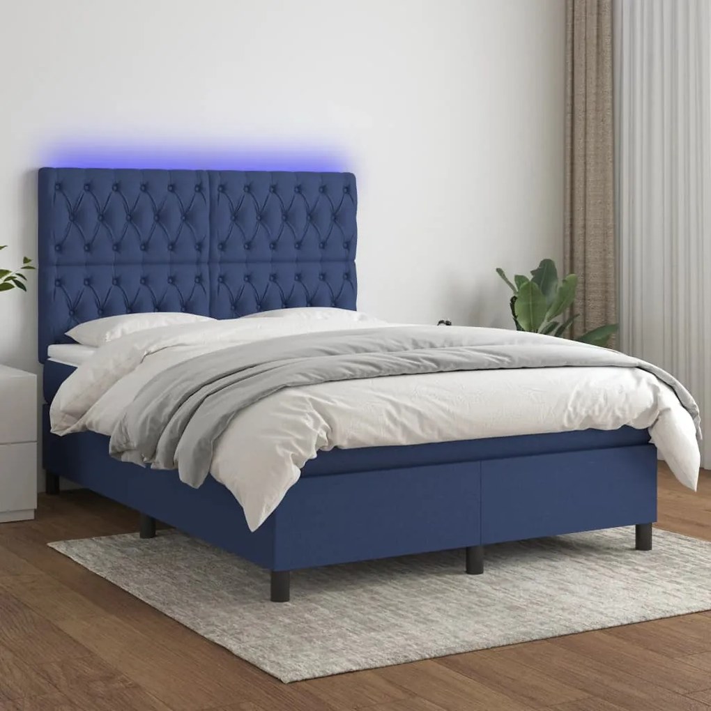 Cama box spring c/ colchão e LED 140x190 cm tecido azul