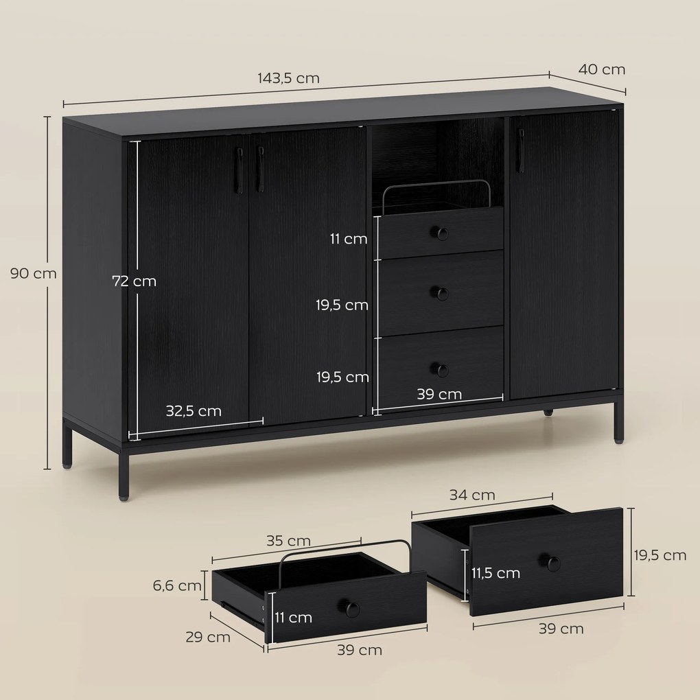 Aparador com 3 Portas e 3 Gavetas Prateleiras Ajustáveis para Cozinha, Entrada Sala de Jantar Quarto 143,5x40x90 cm Preto