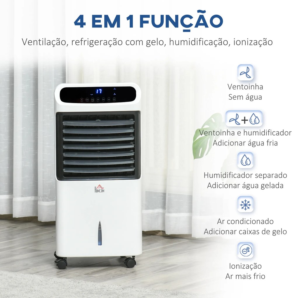 Climatizador Humidificador Refrigerador de Ar com Rodas Depósito de 12L Controlo Remoto 3 Modos de Velocidade Temporizador 12h e Ecrã LED Tátil 38x35x